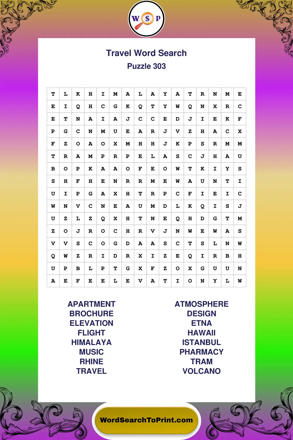 Travel Word Search Puzzle 303