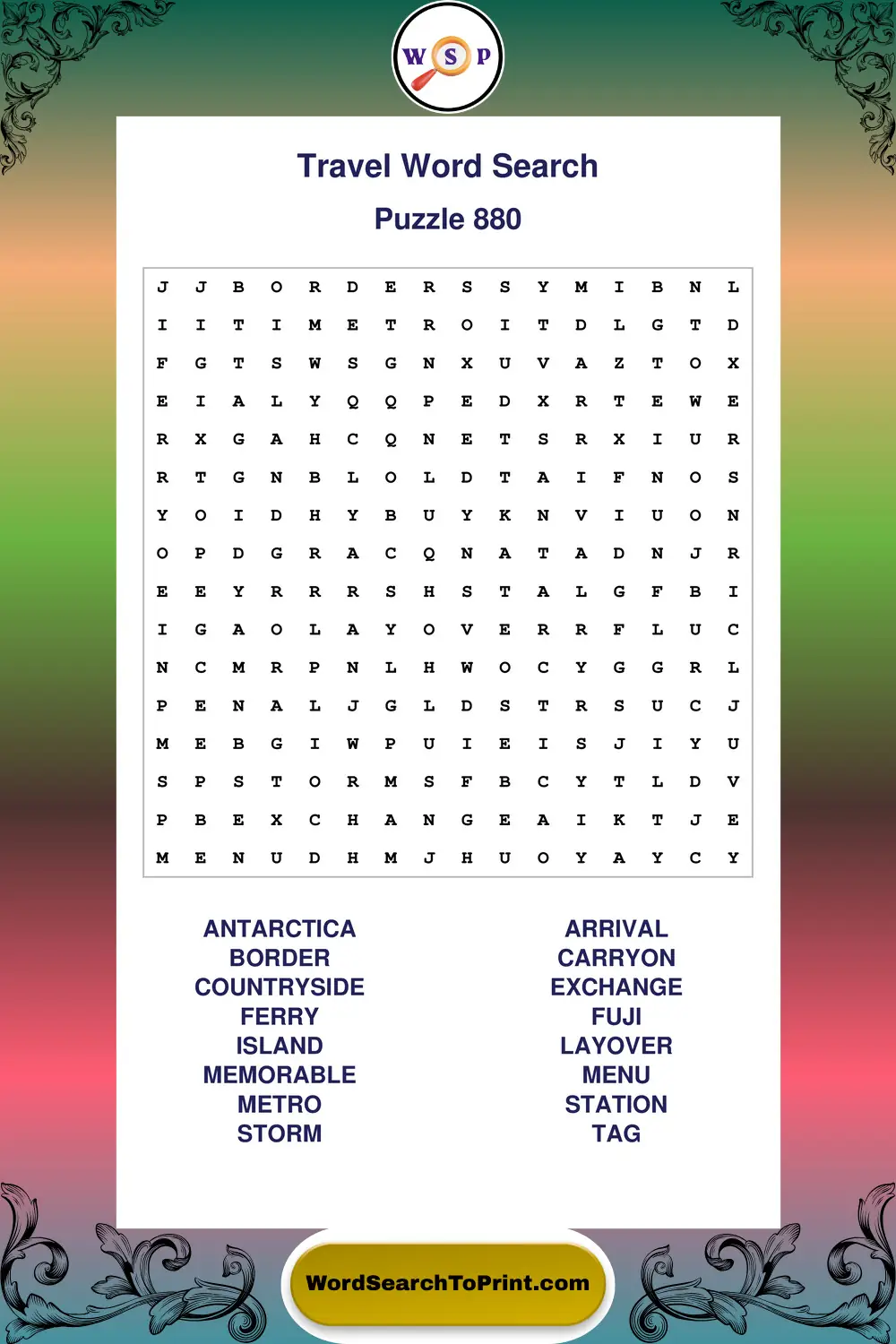 Travel Word Search Puzzle 880