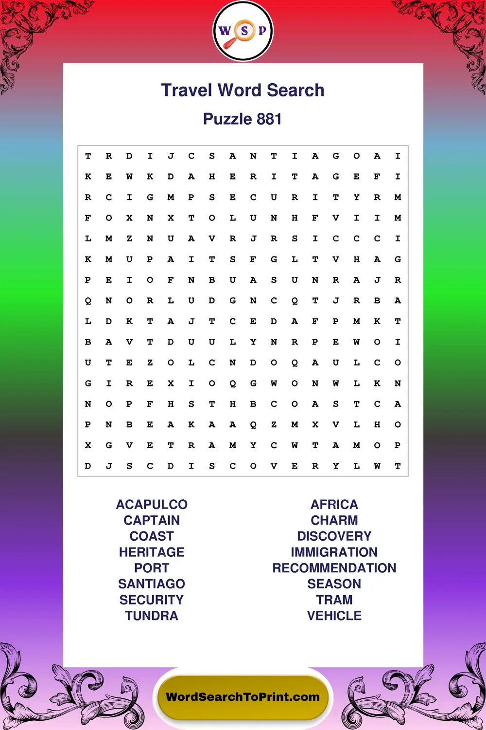 Travel Word Search Puzzle 881