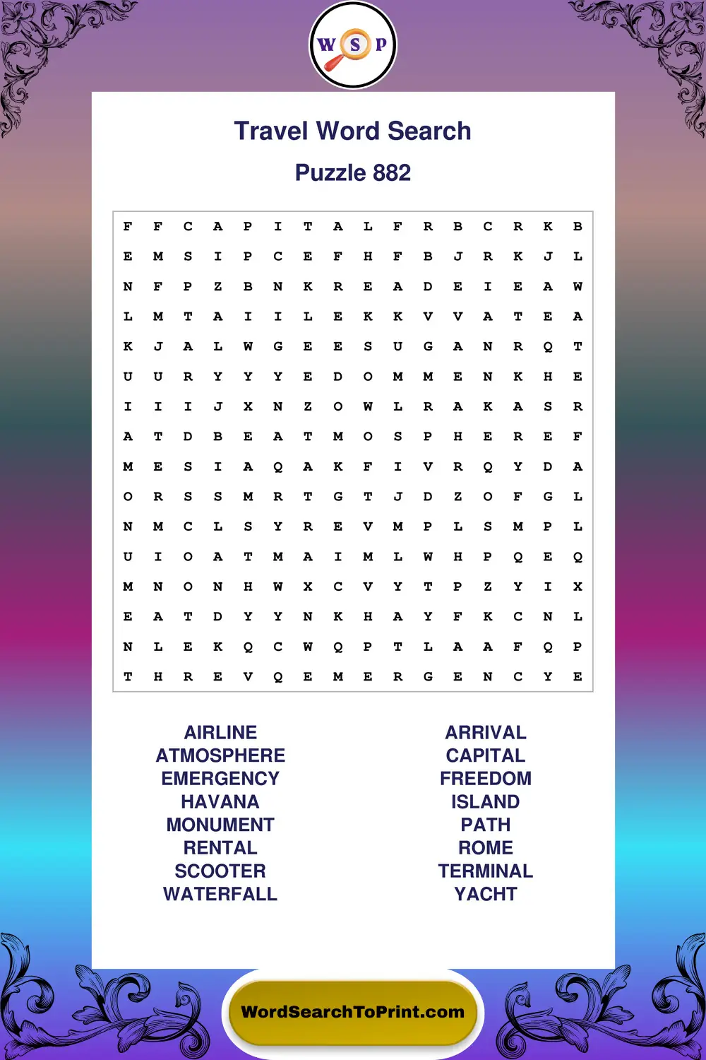 Travel Word Search Puzzle 882