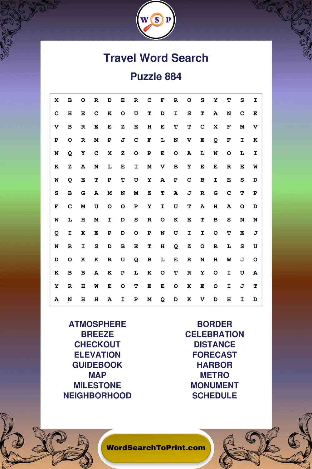 Travel Word Search Puzzle 884