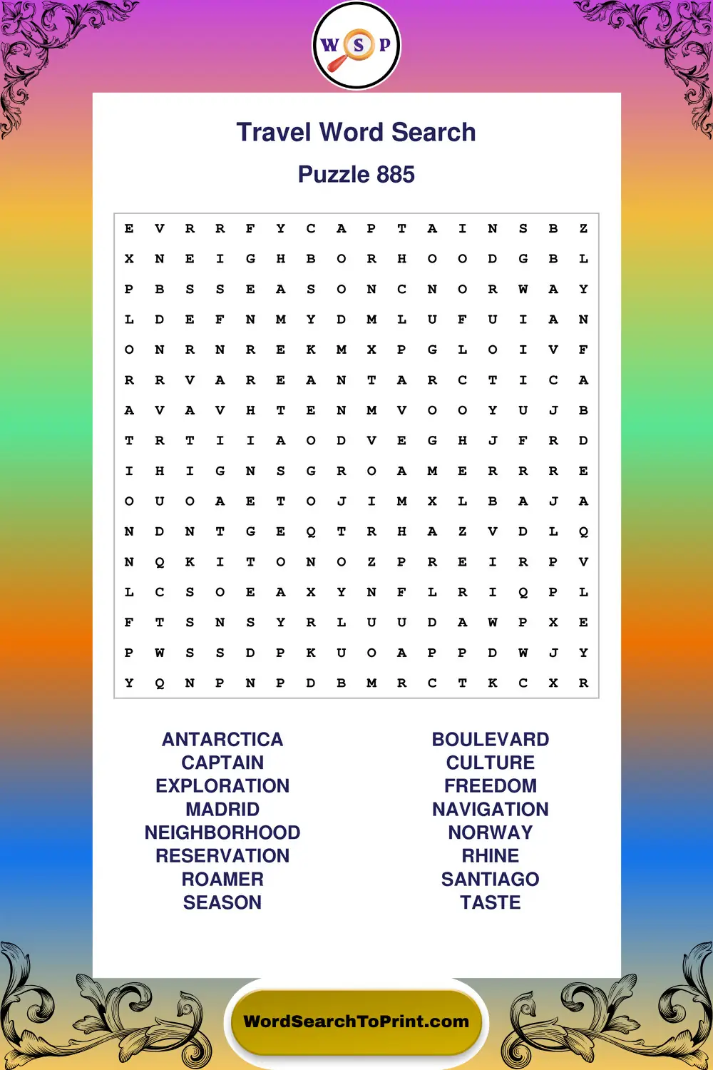 Travel Word Search Puzzle 885