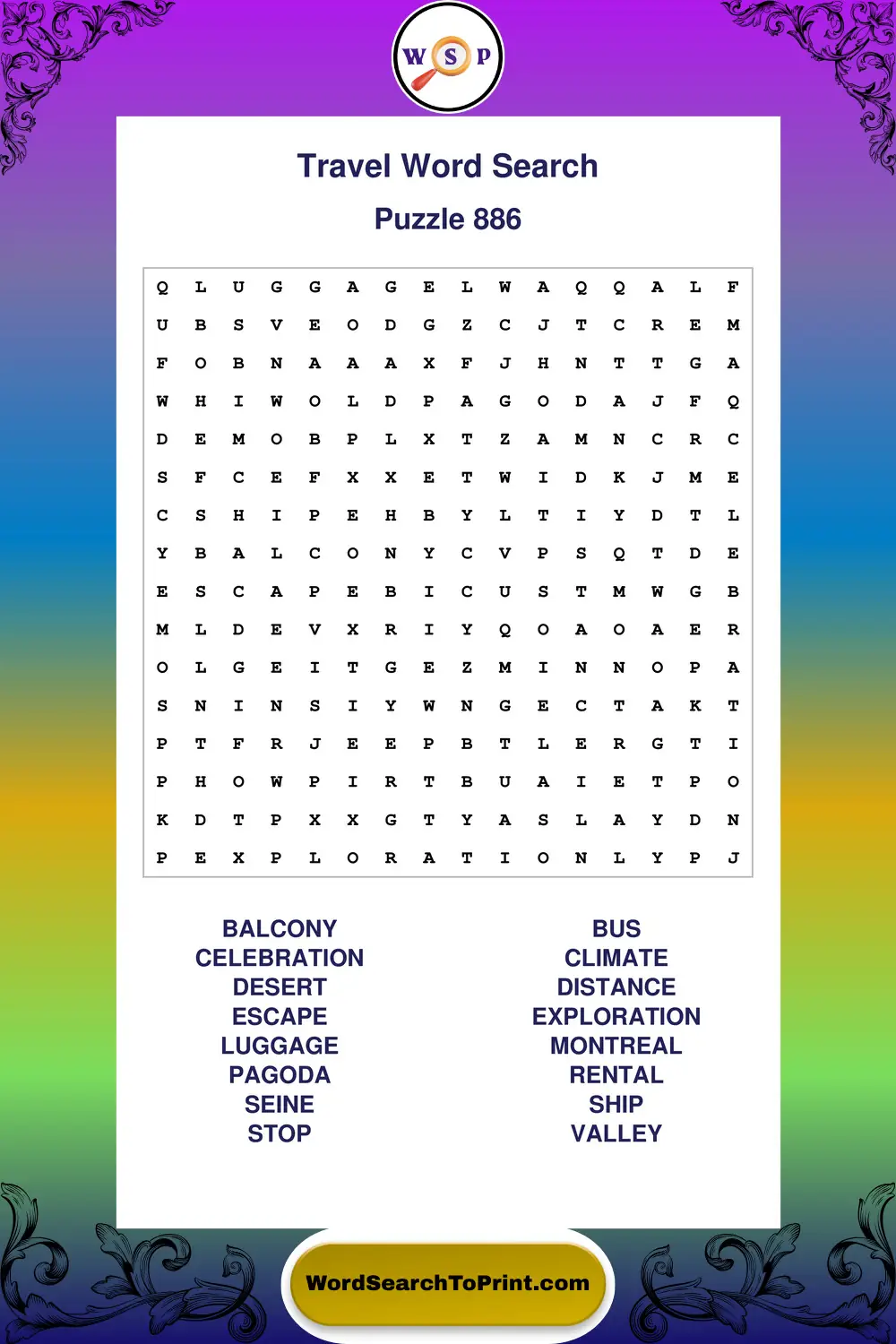 Travel Word Search Puzzle 886