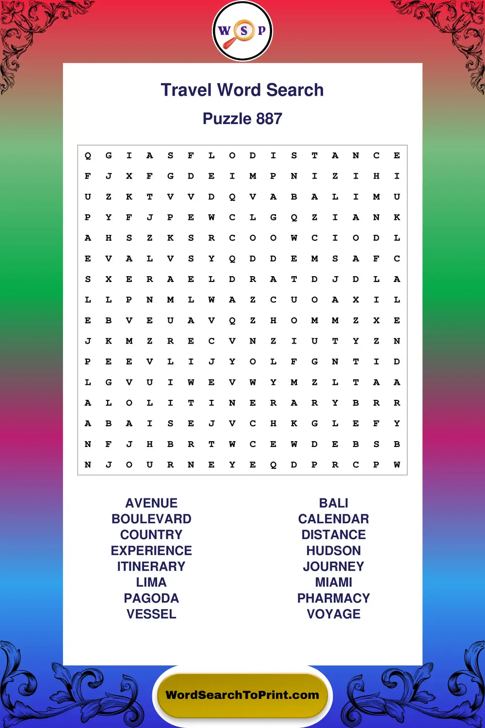 Travel Word Search Puzzle 887