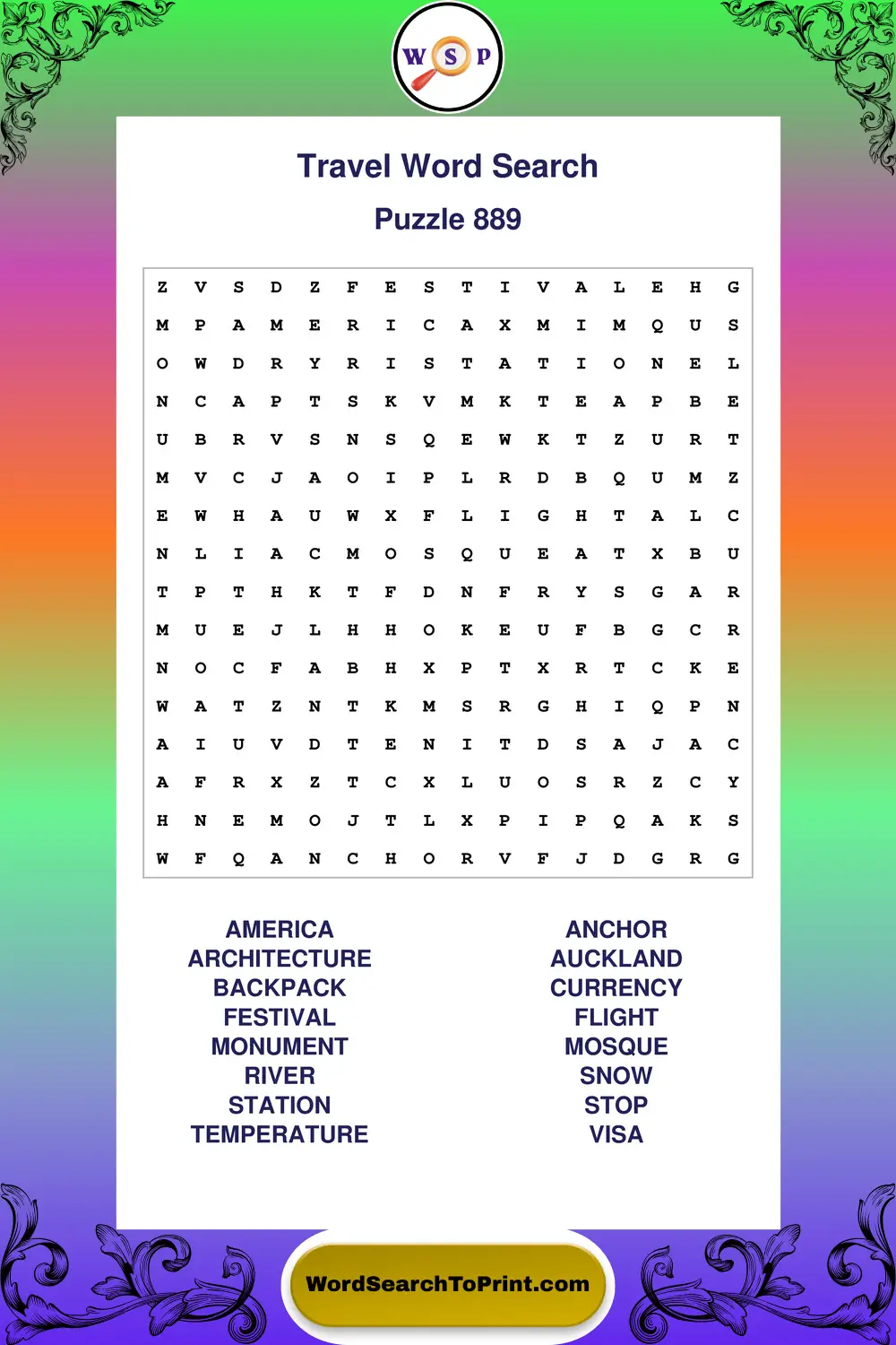 Travel Word Search Puzzle 889