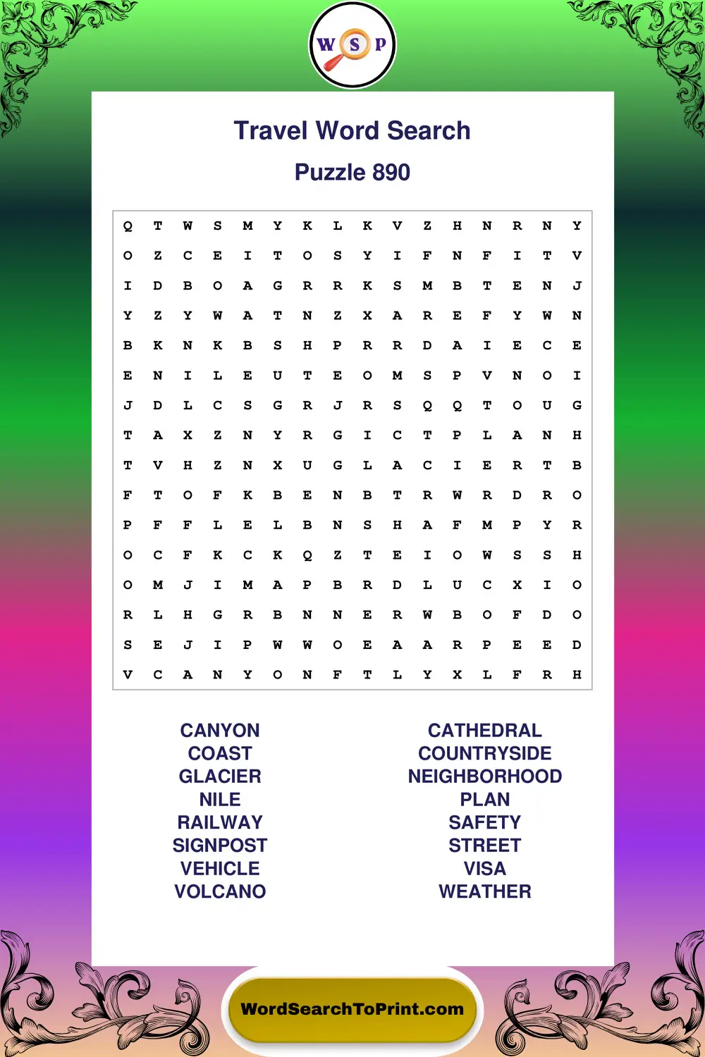 Travel Word Search Puzzle 890