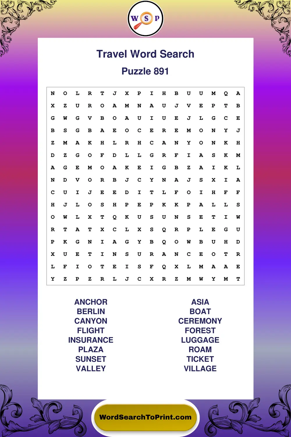 Travel Word Search Puzzle 891