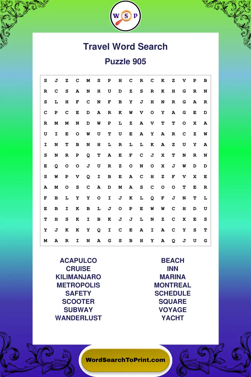 Travel Word Search Puzzle 905