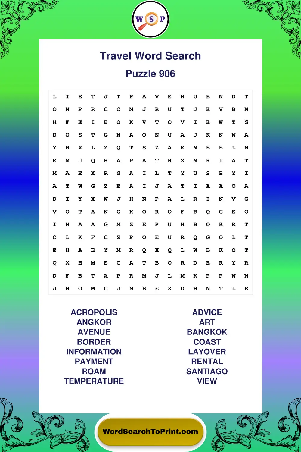 Travel Word Search Puzzle 906