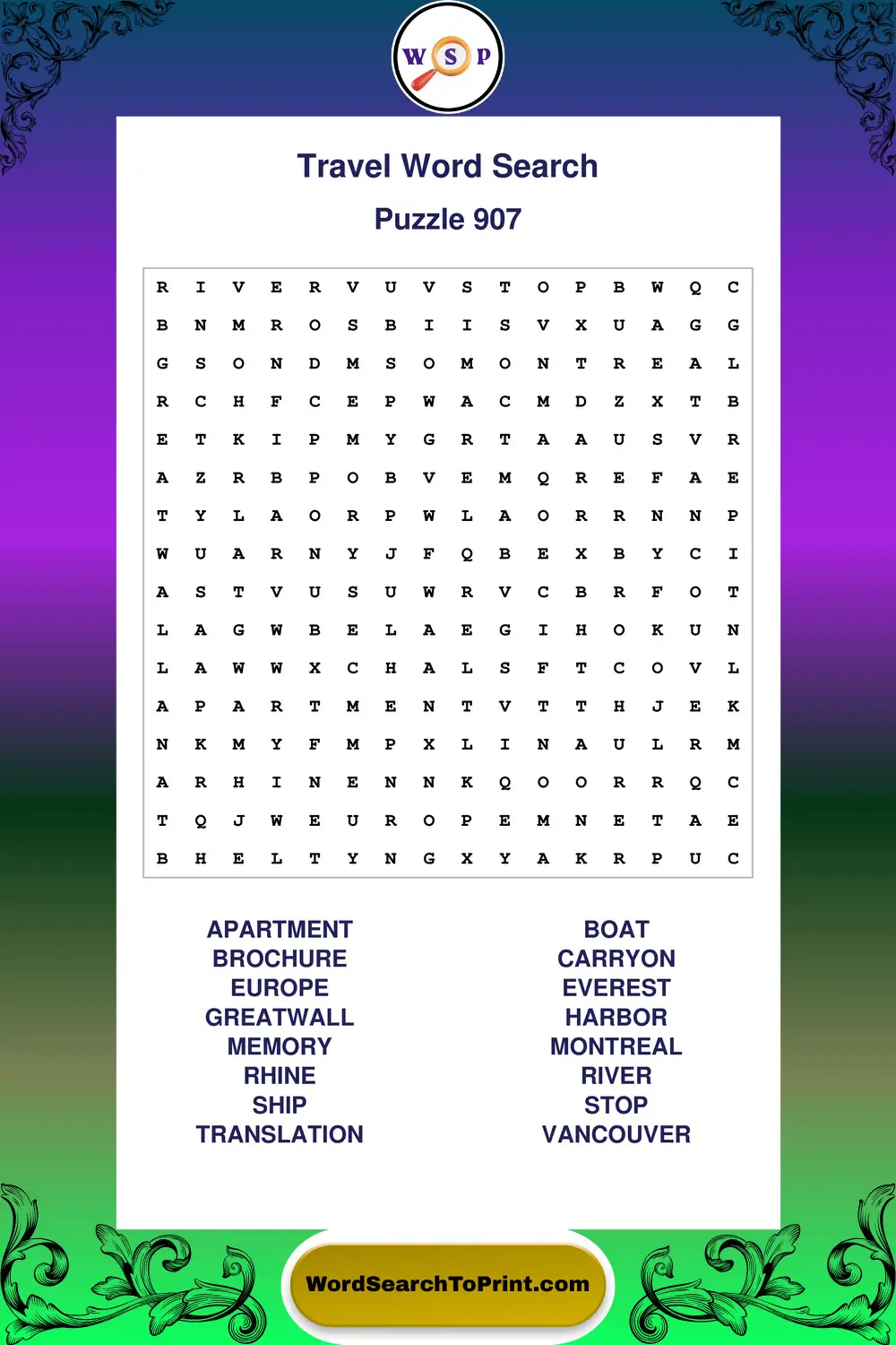 Travel Word Search Puzzle 907