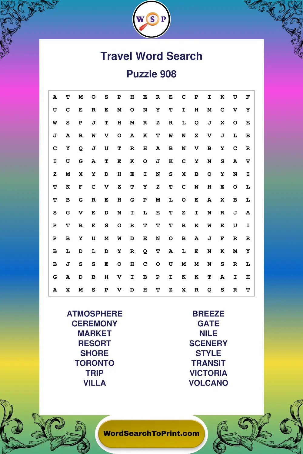 Travel Word Search Puzzle 908