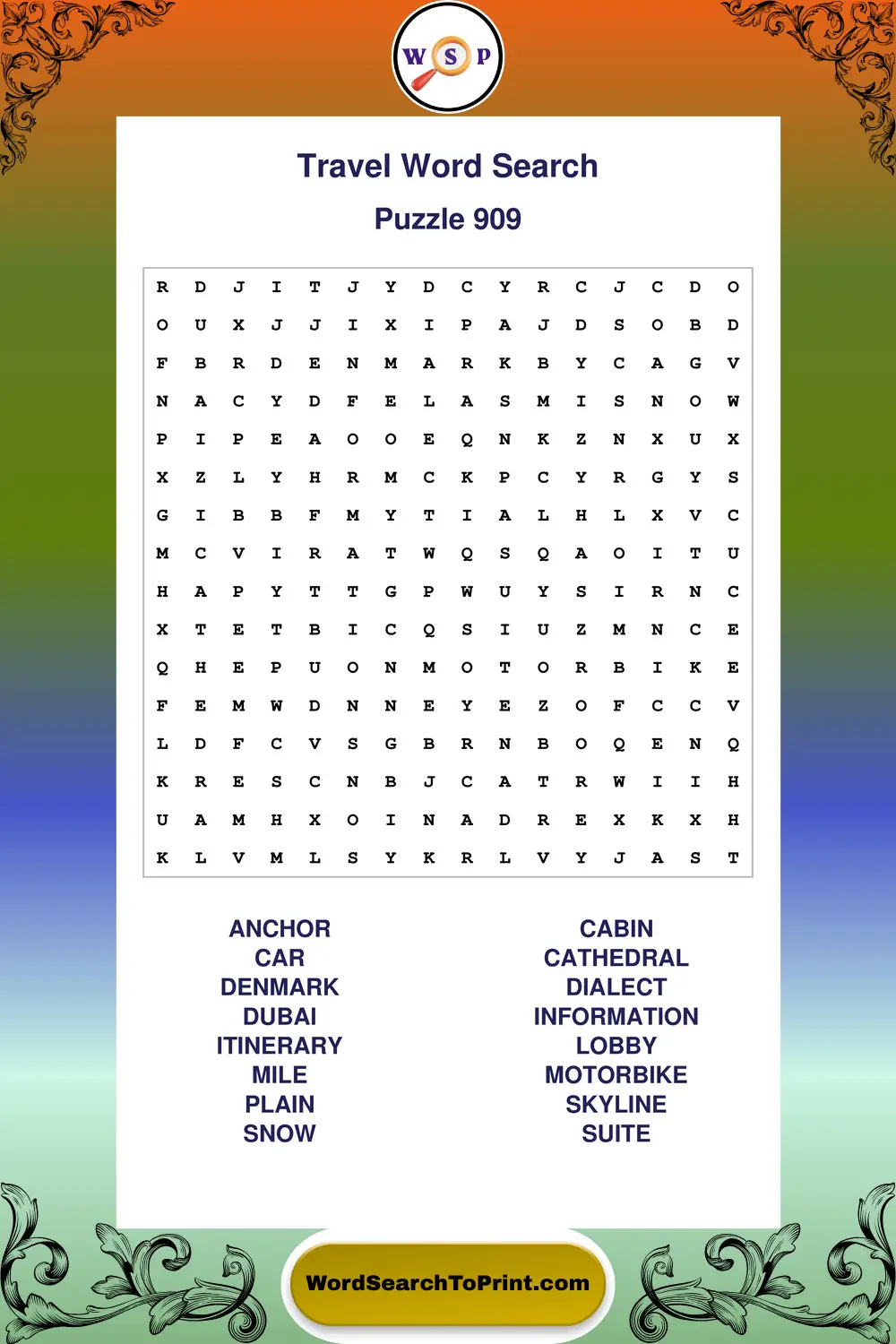 Travel Word Search Puzzle 909