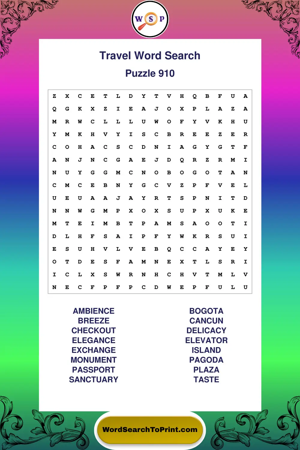 Travel Word Search Puzzle 910