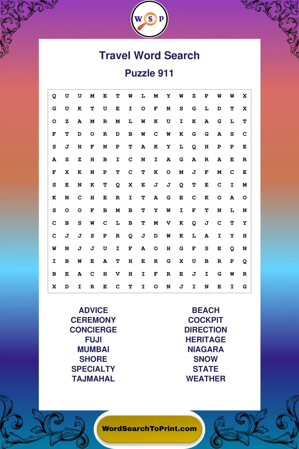 Travel Word Search Puzzle 911