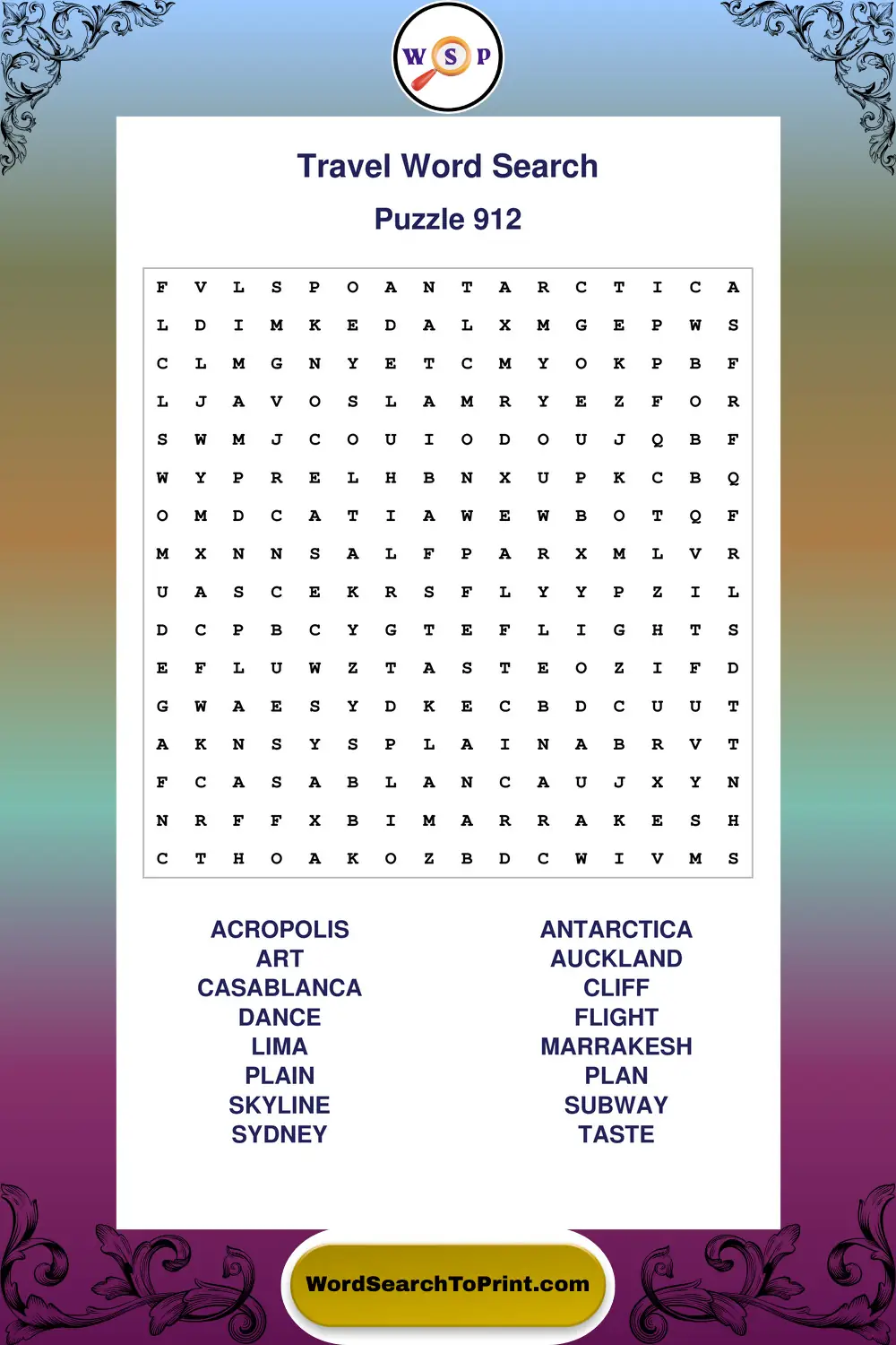 Travel Word Search Puzzle 912