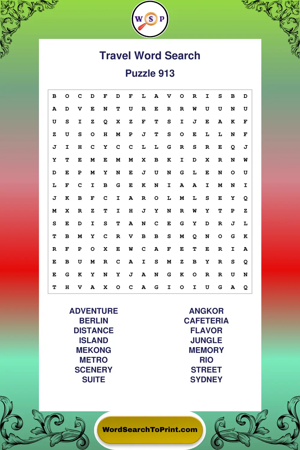 Travel Word Search Puzzle 913