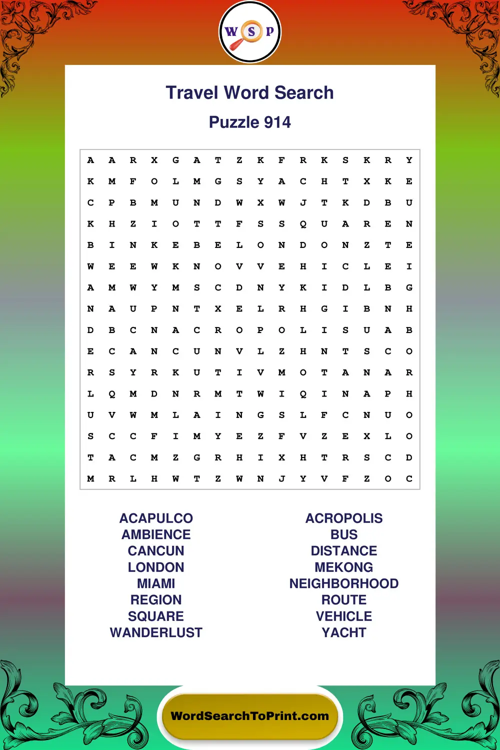 Travel Word Search Puzzle 914