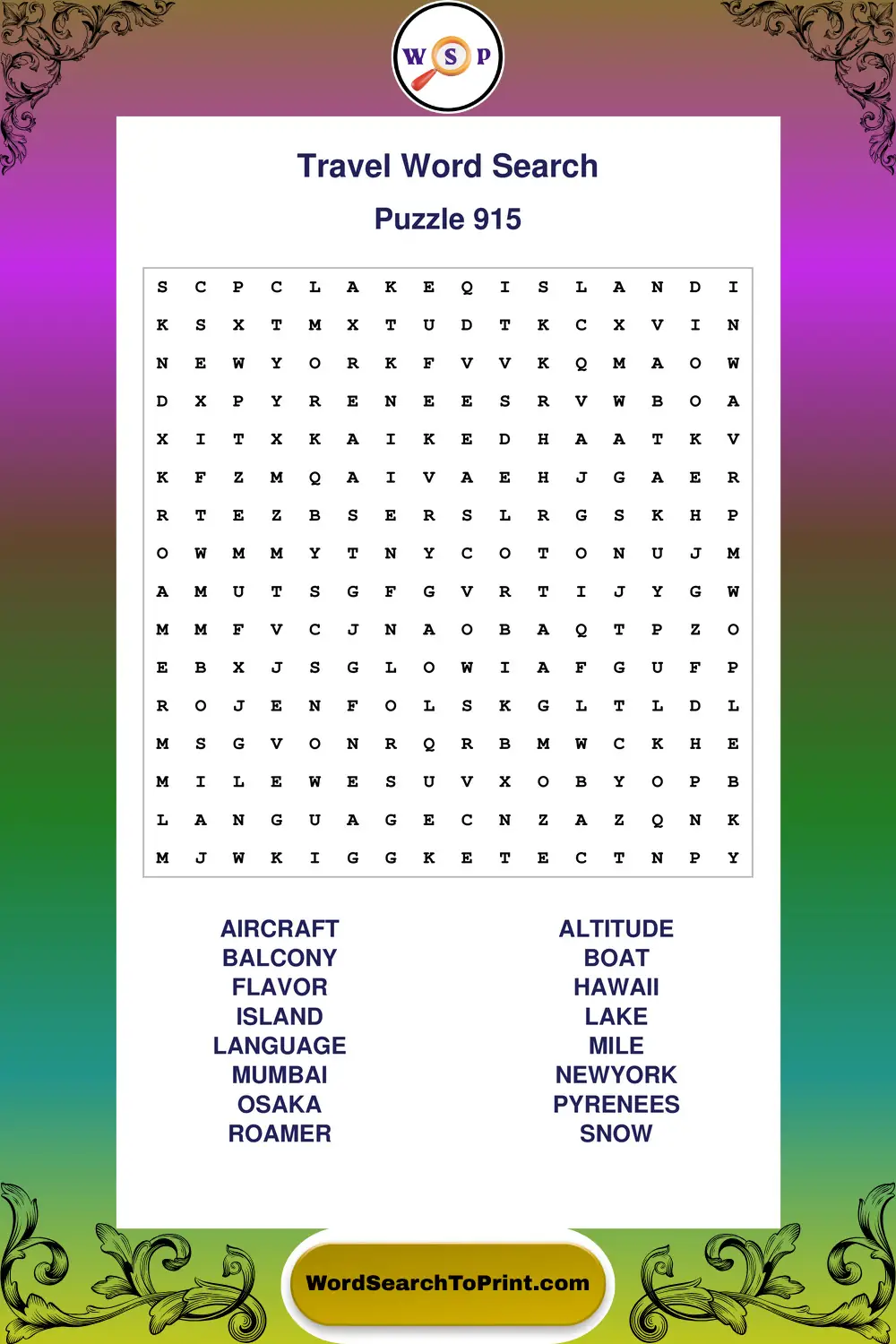 Travel Word Search Puzzle 915