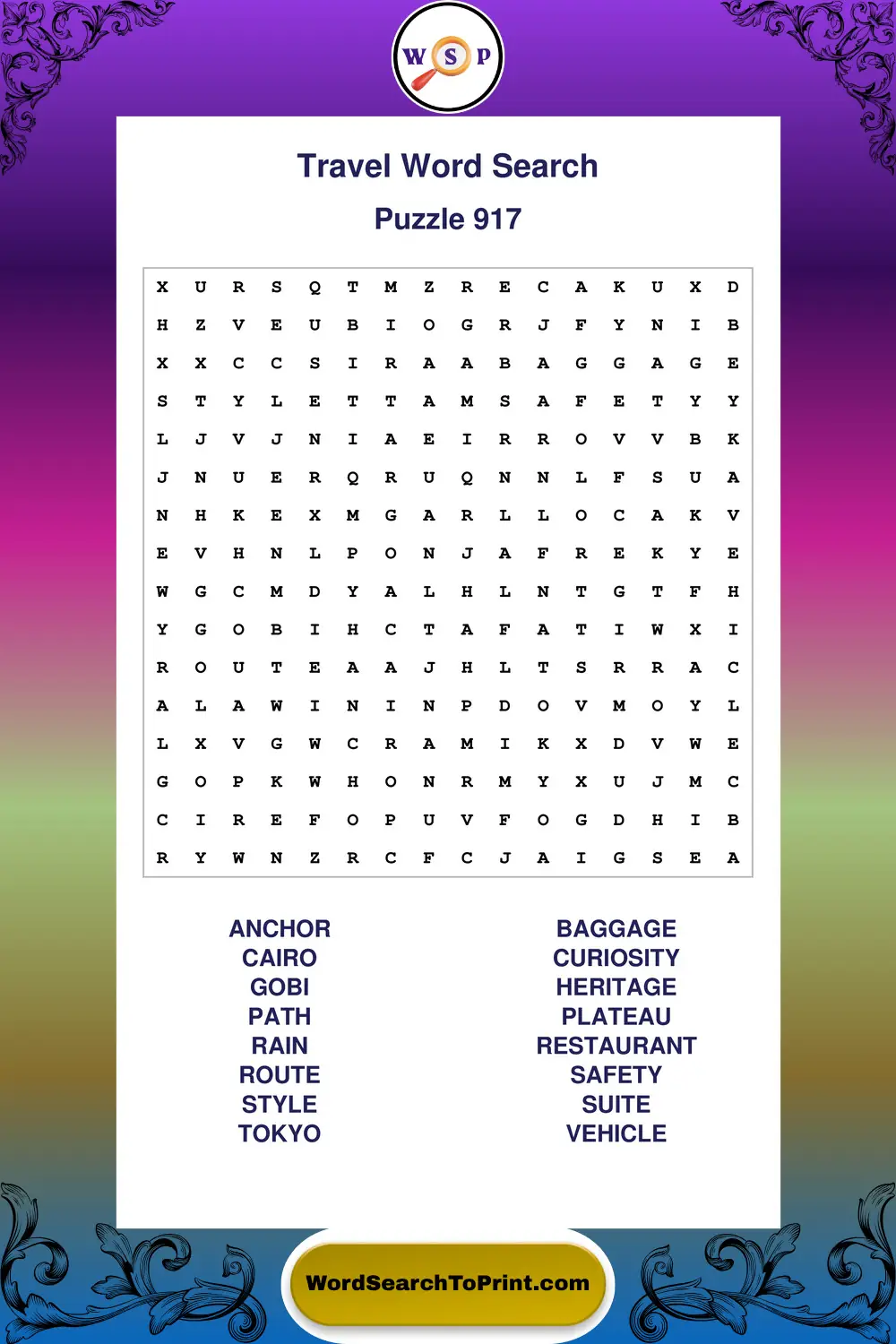 Travel Word Search Puzzle 917