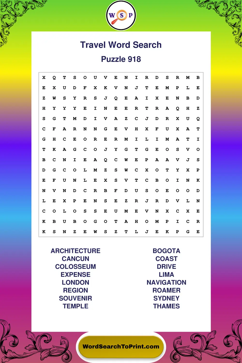 Travel Word Search Puzzle 918