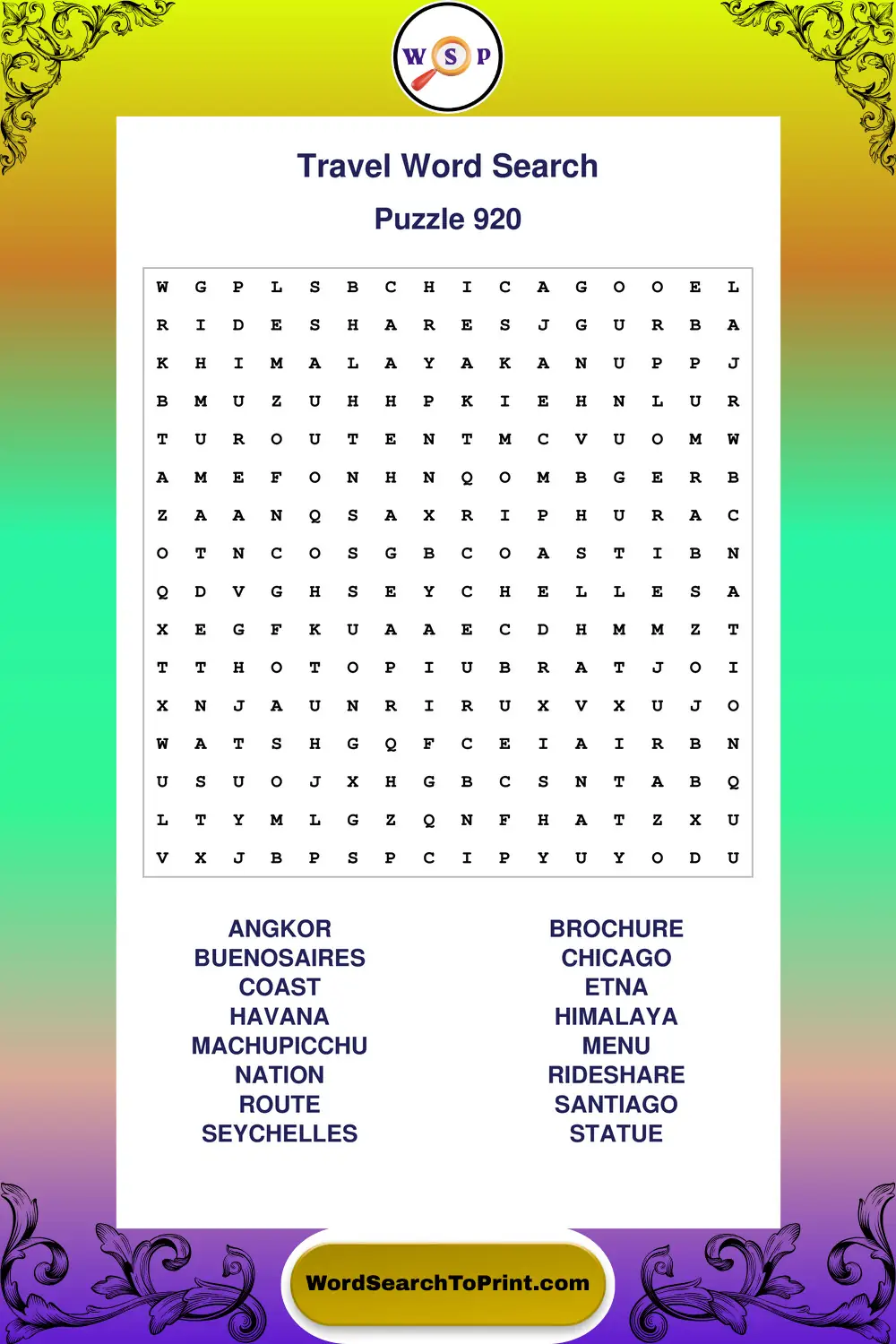 Travel Word Search Puzzle 920