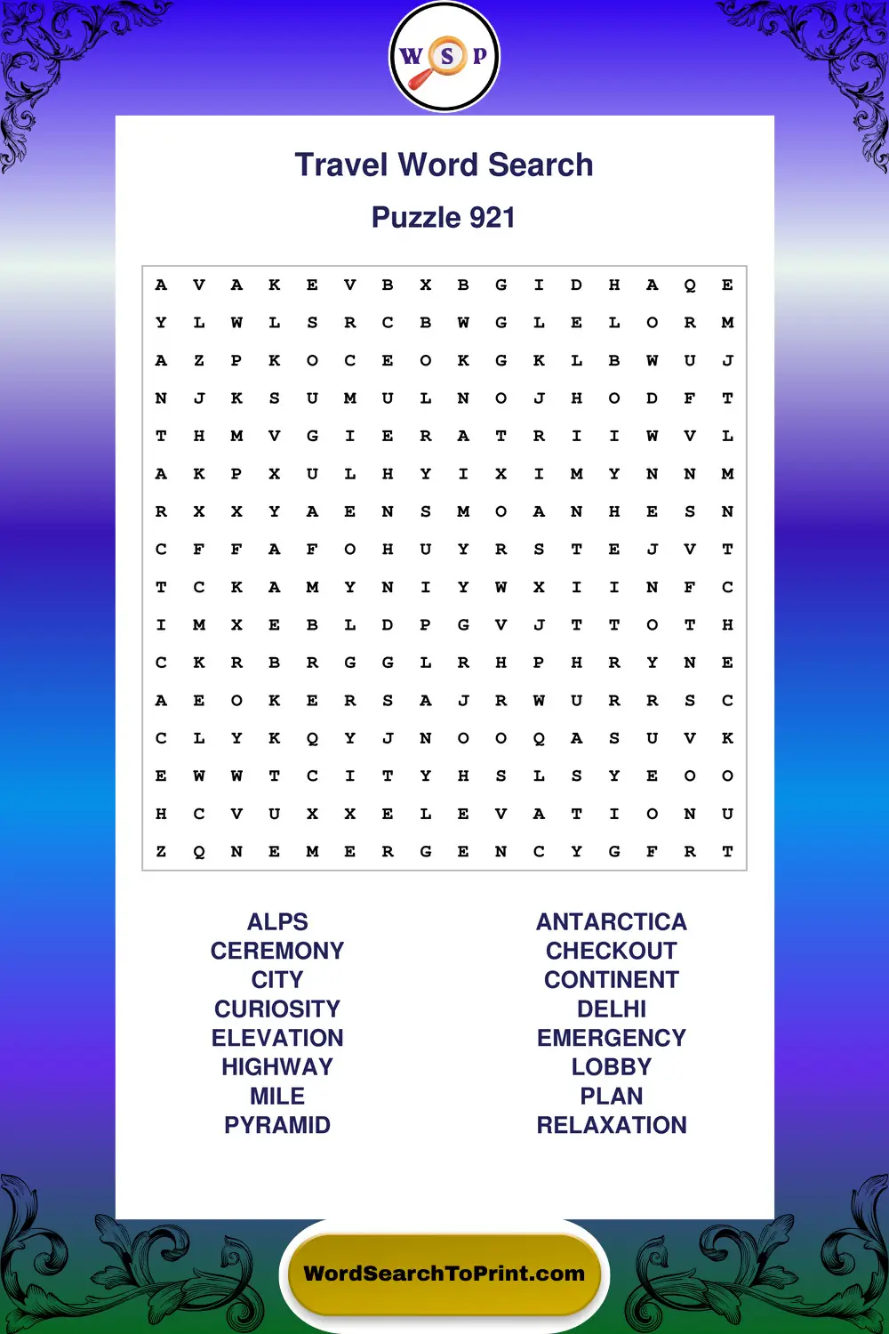 Travel Word Search Puzzle 921