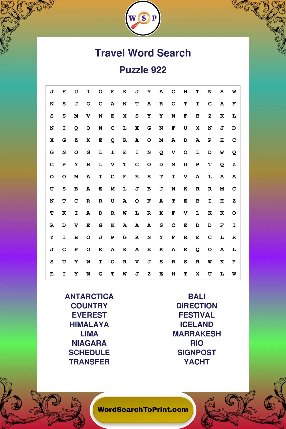 Travel Word Search Puzzle 922