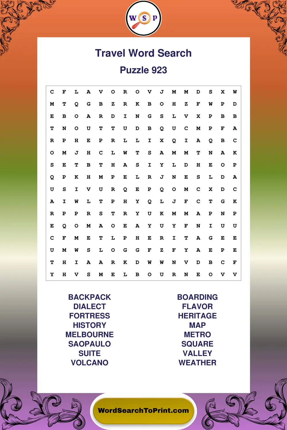 Travel Word Search Puzzle 923