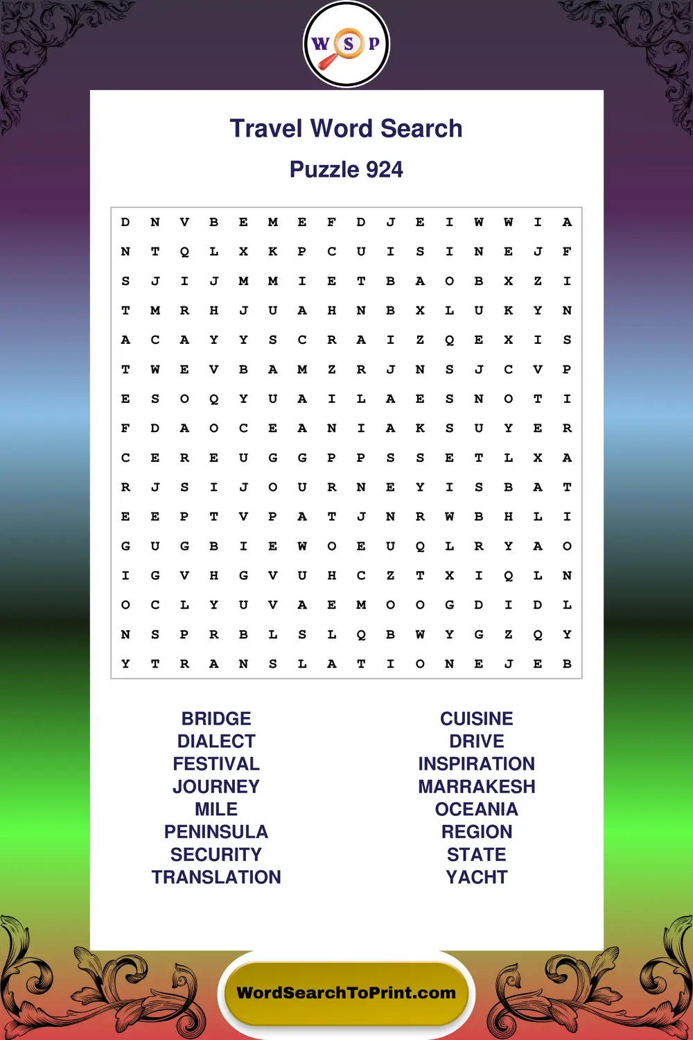 Travel Word Search Puzzle 924