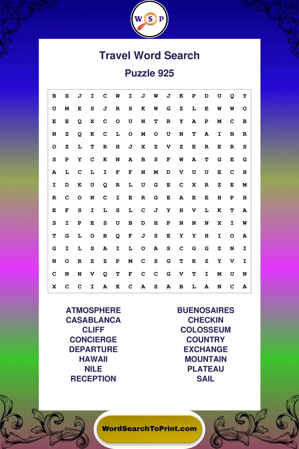 Travel Word Search Puzzle 925