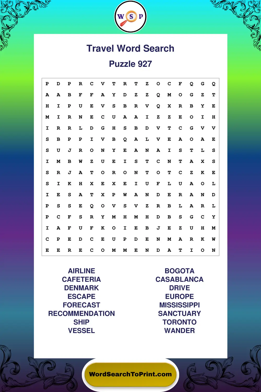 Travel Word Search Puzzle 927