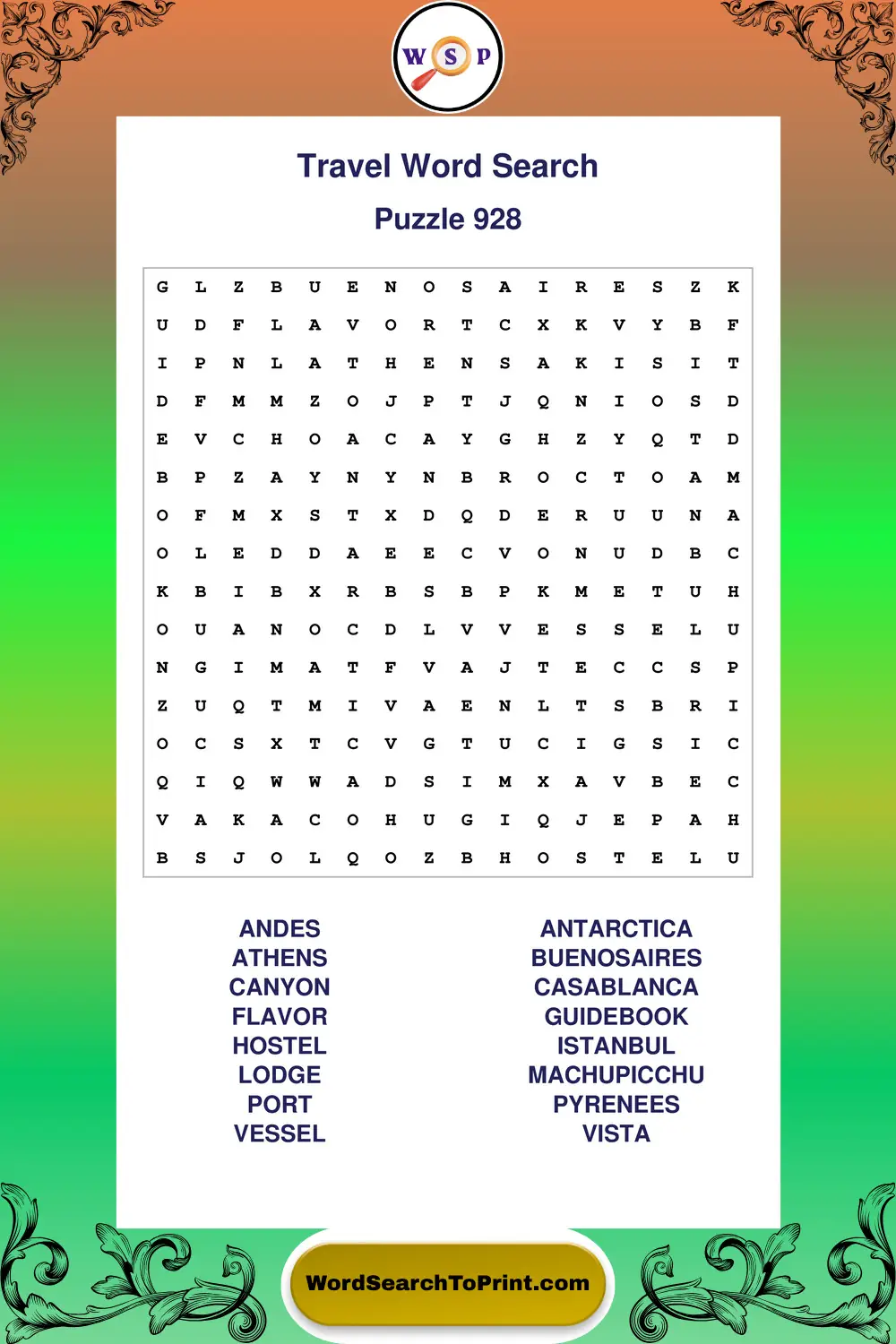 Travel Word Search Puzzle 928