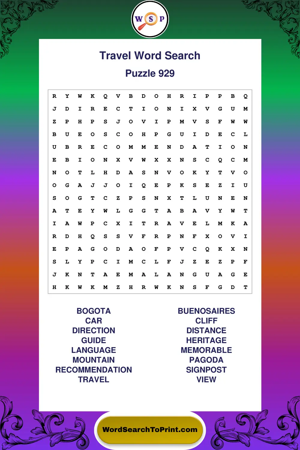 Travel Word Search Puzzle 929