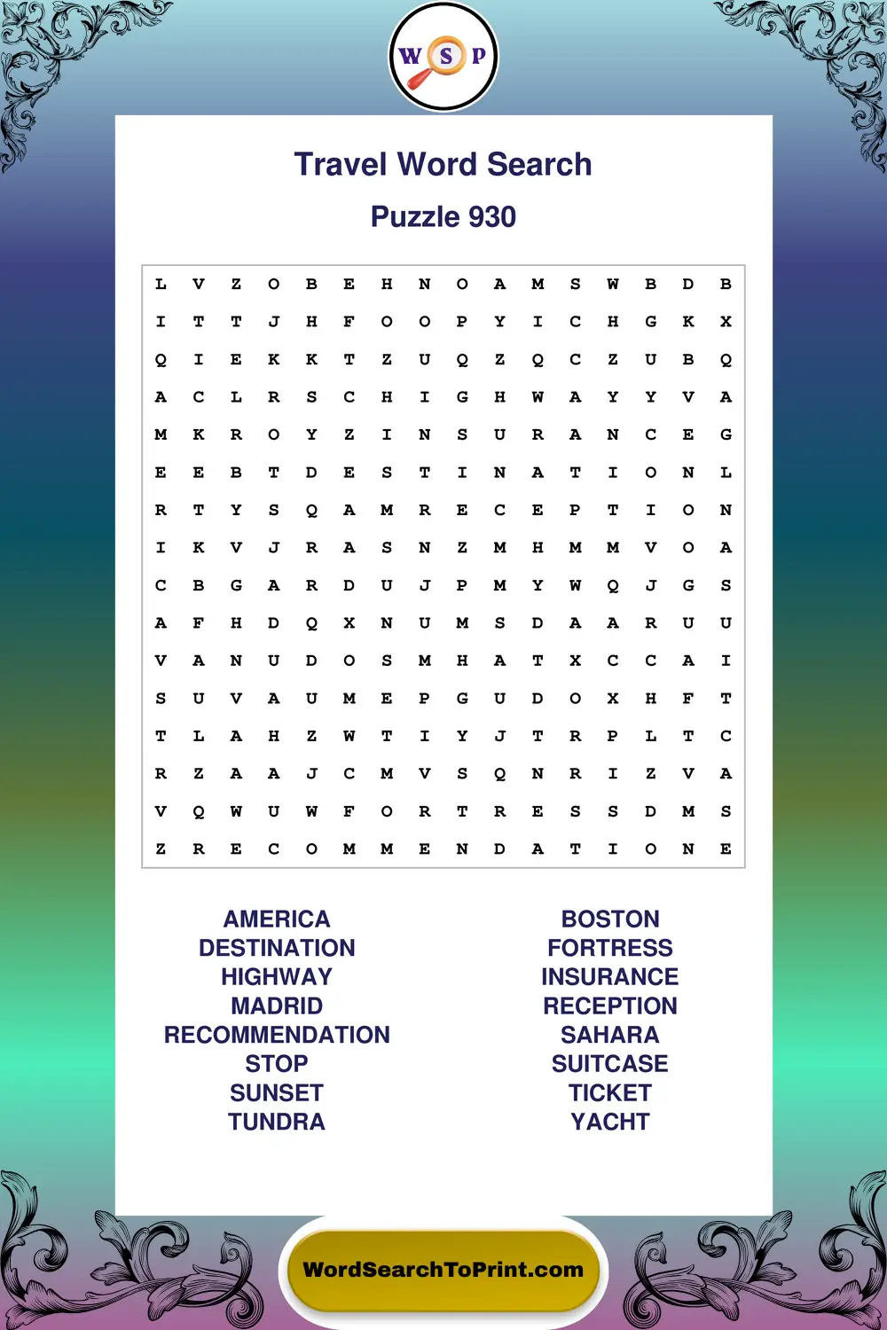 Travel Word Search Puzzle 930