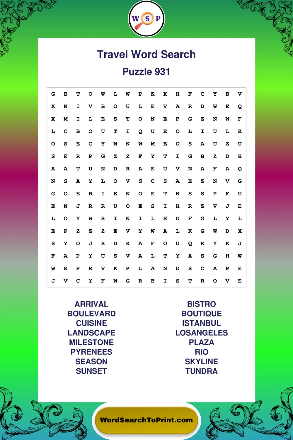Travel Word Search Puzzle 931