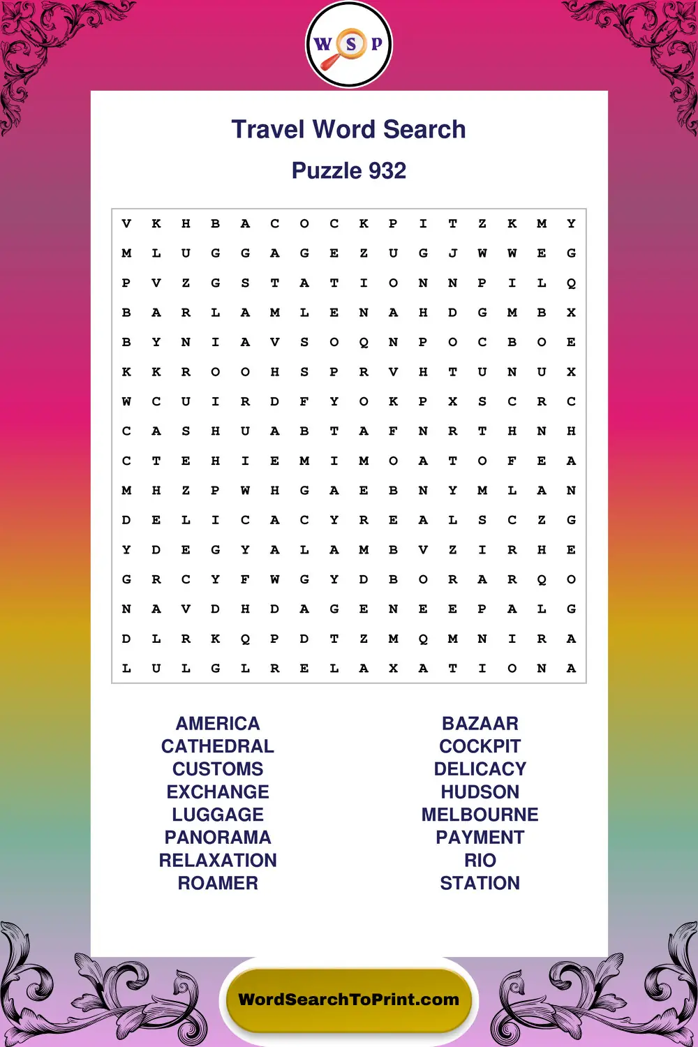 Travel Word Search Puzzle 932