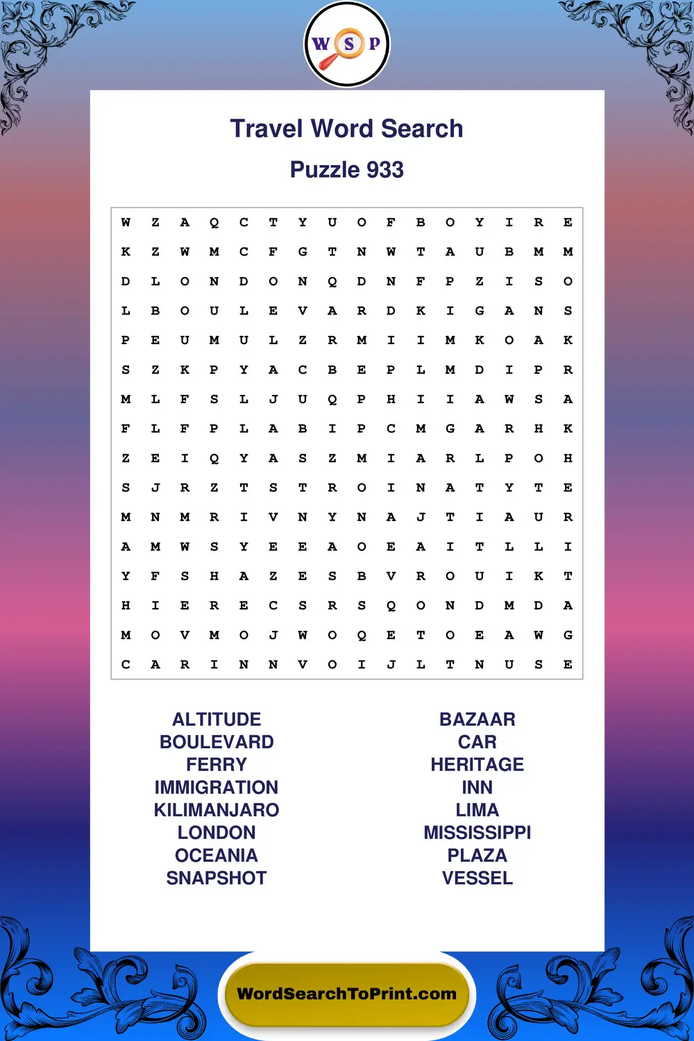 Travel Word Search Puzzle 933