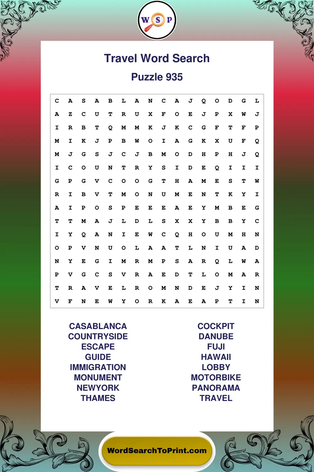 Travel Word Search Puzzle 935