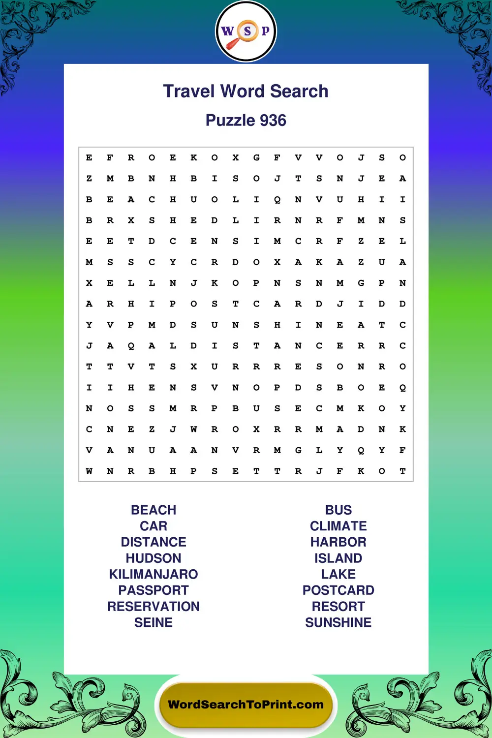 Travel Word Search Puzzle 936