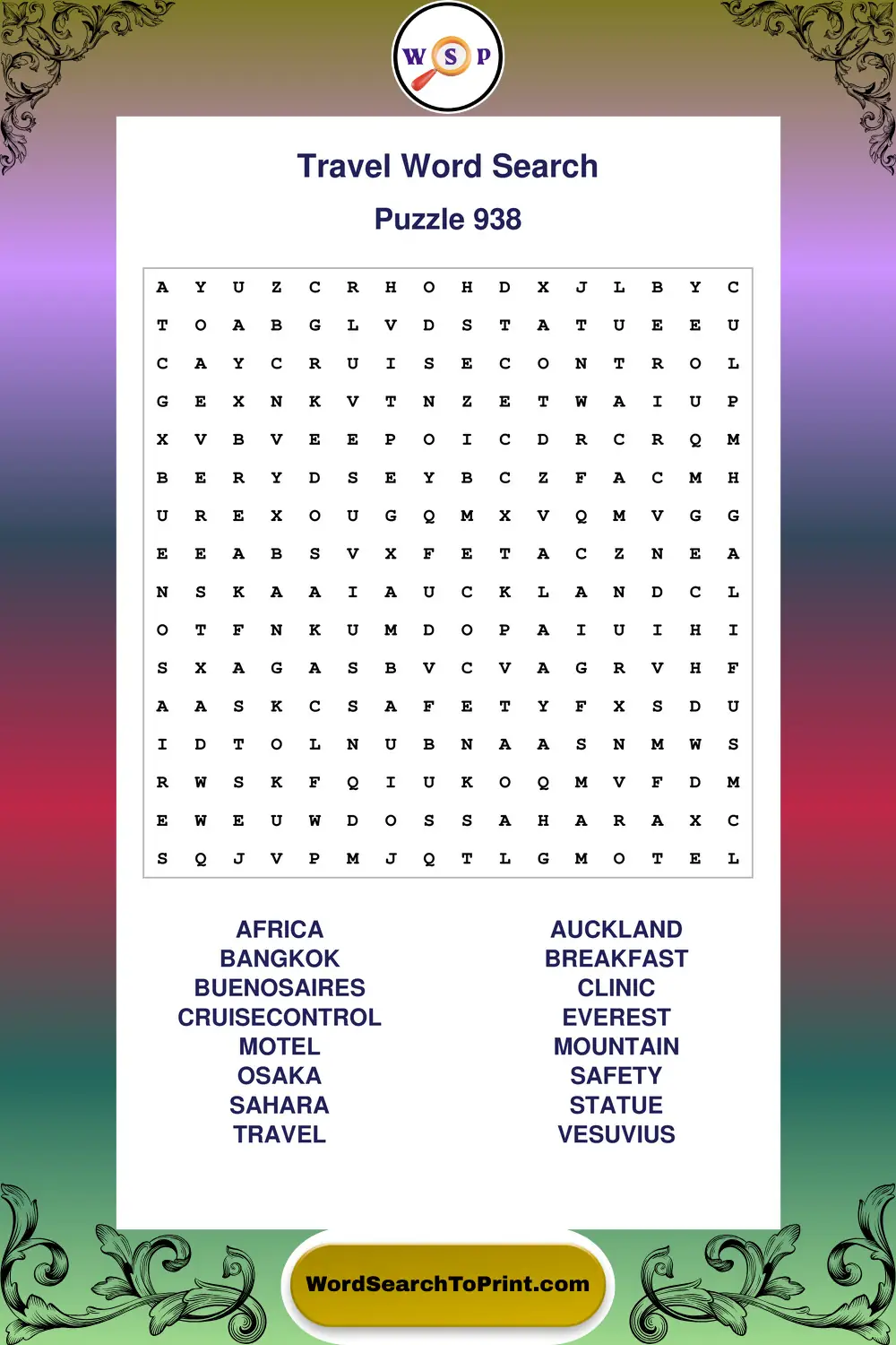 Travel Word Search Puzzle 938