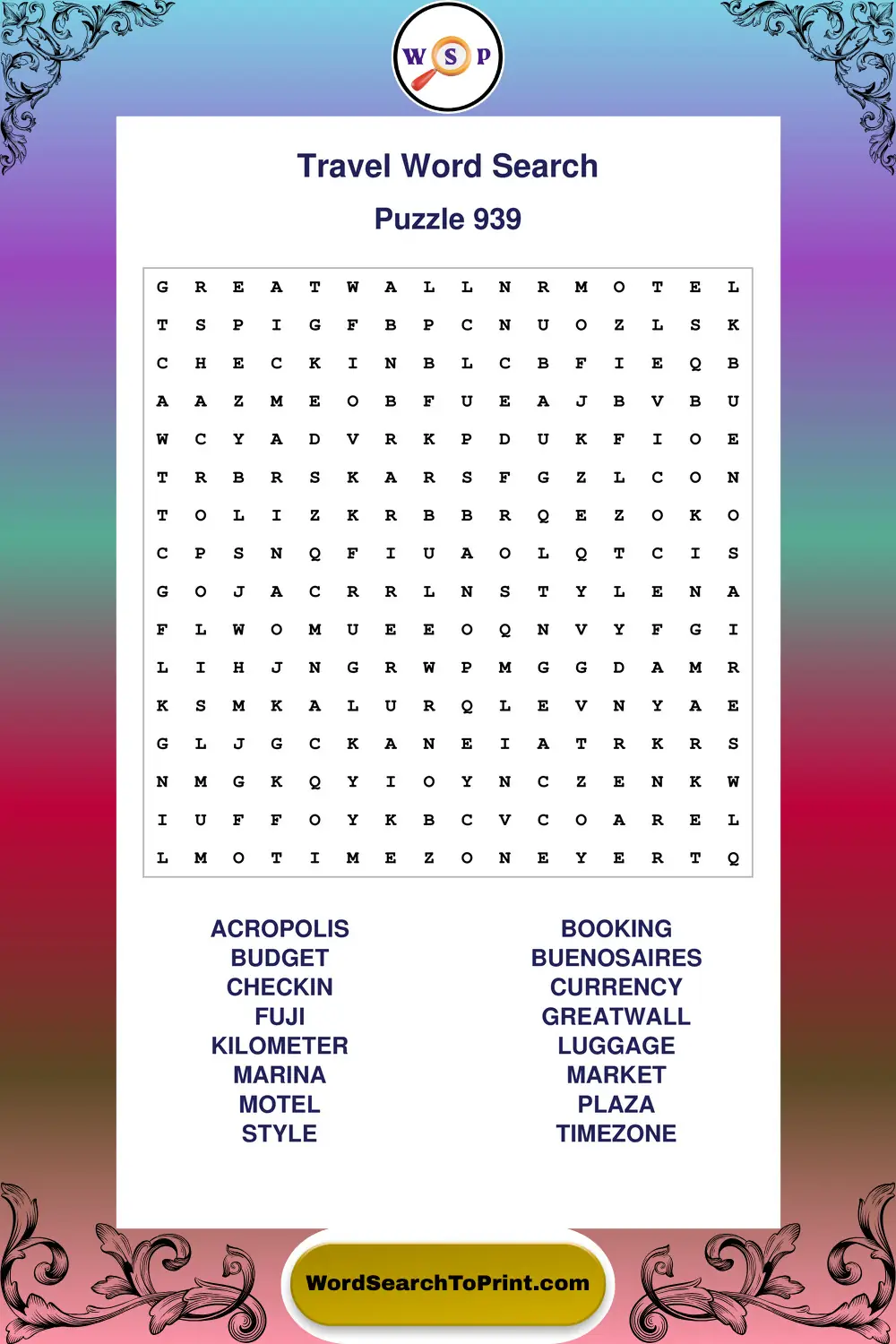 Travel Word Search Puzzle 939