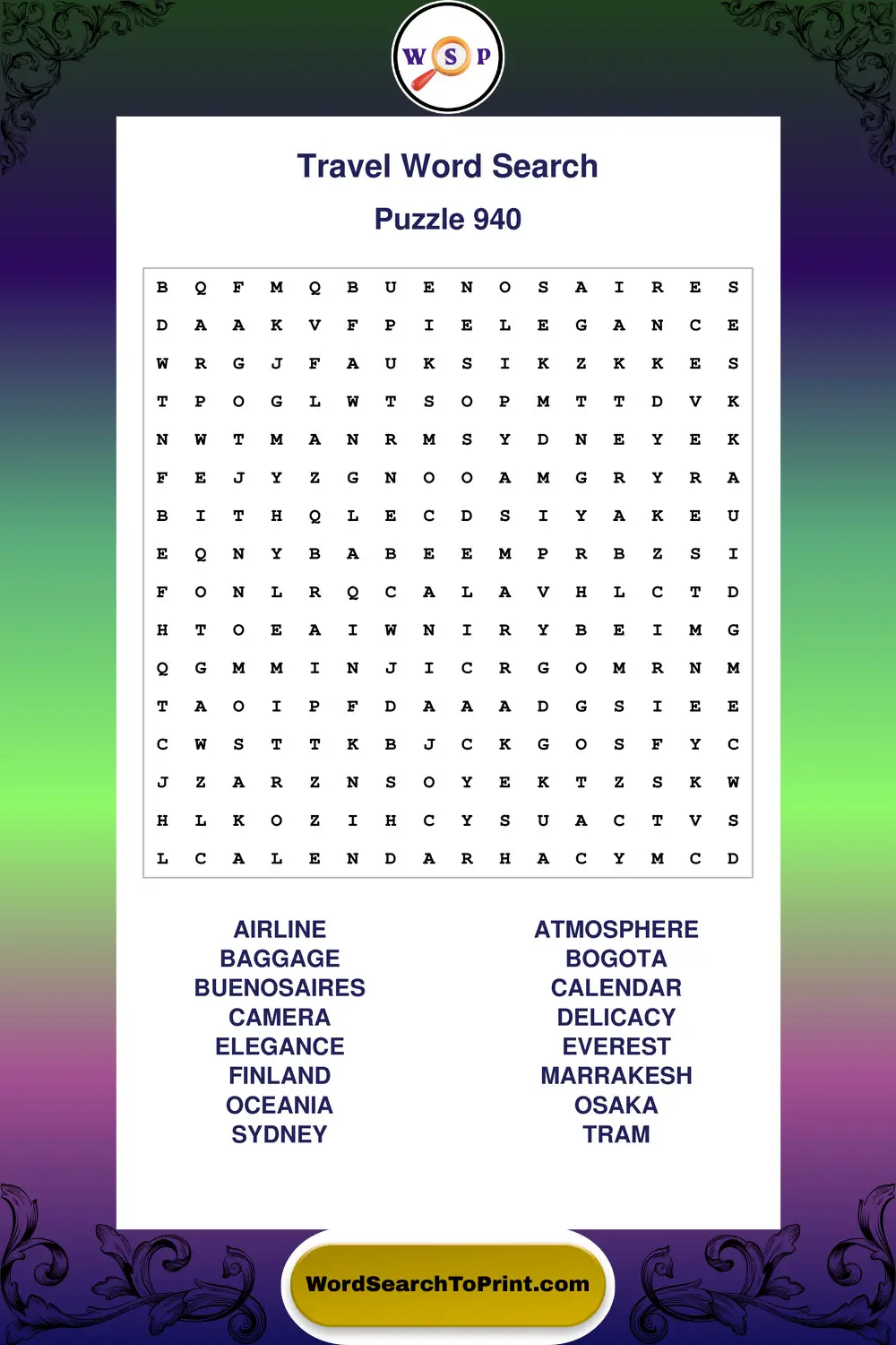 Travel Word Search Puzzle 940