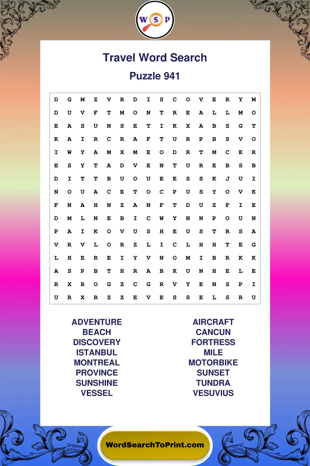 Travel Word Search Puzzle 941