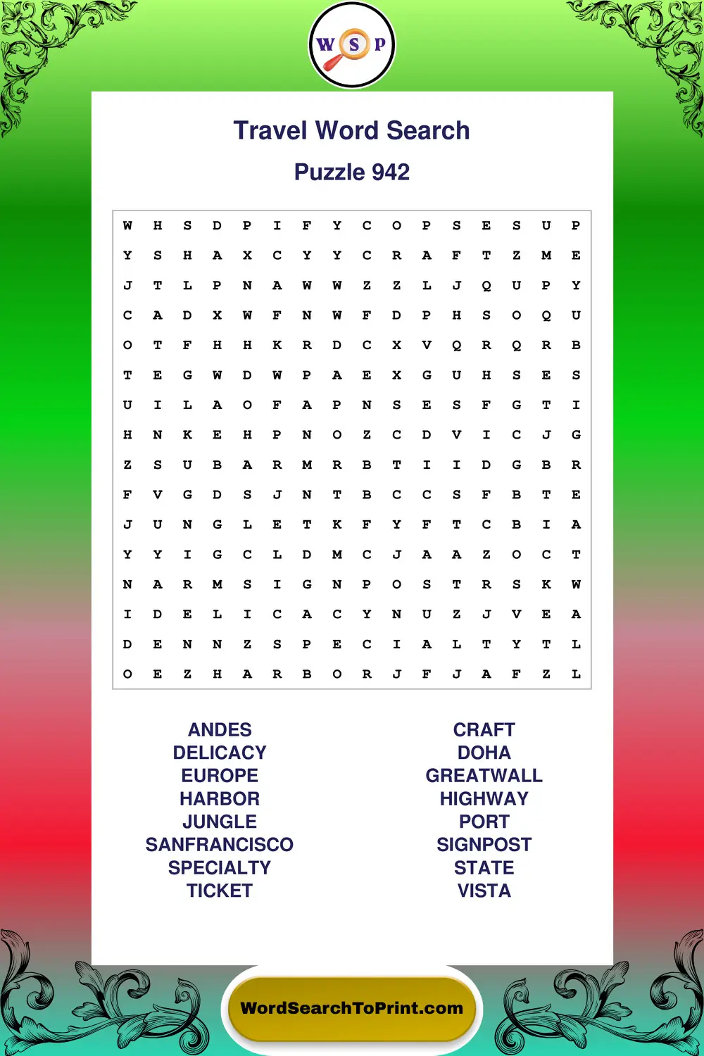 Travel Word Search Puzzle 942