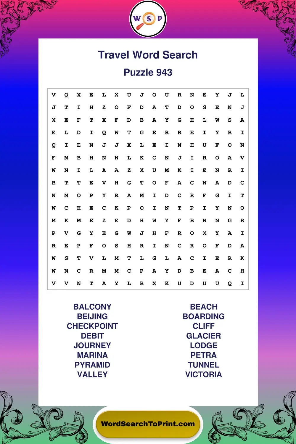 Travel Word Search Puzzle 943
