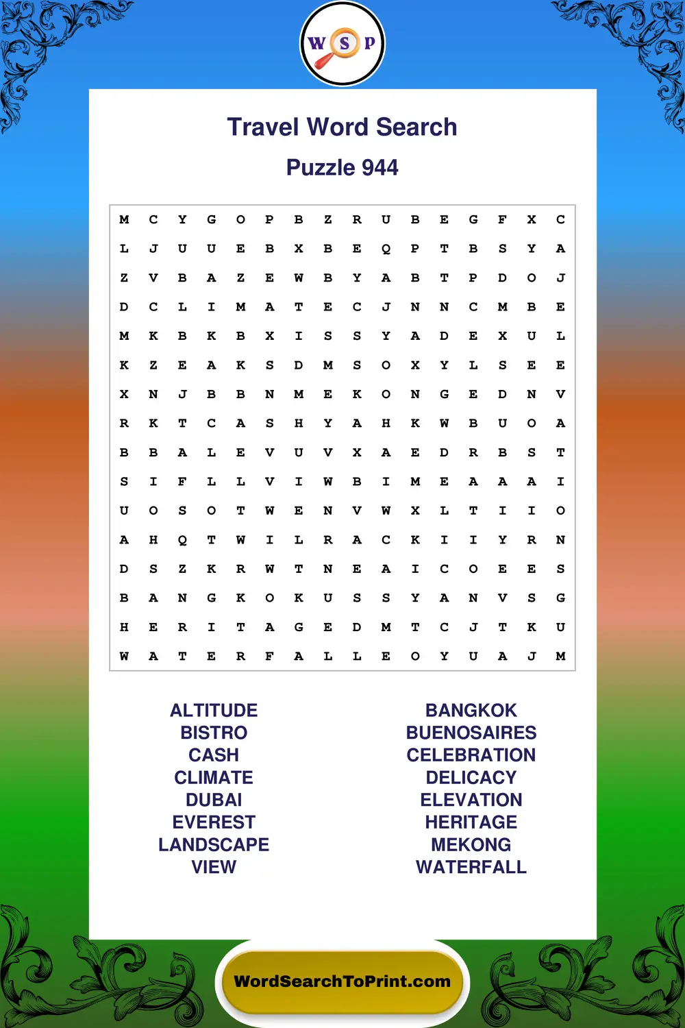 Travel Word Search Puzzle 944
