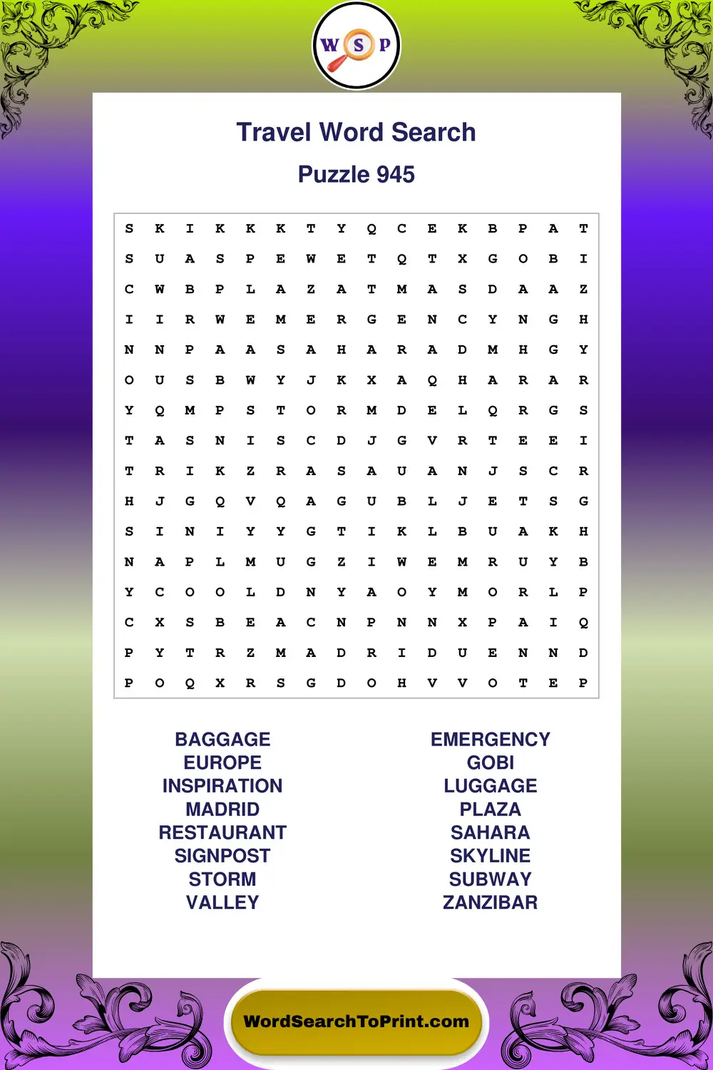 Travel Word Search Puzzle 945