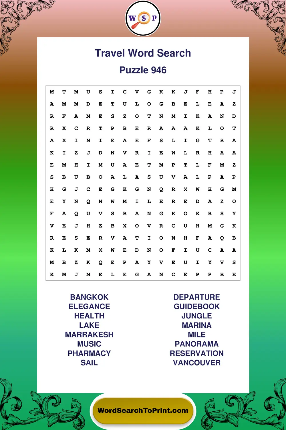 Travel Word Search Puzzle 946