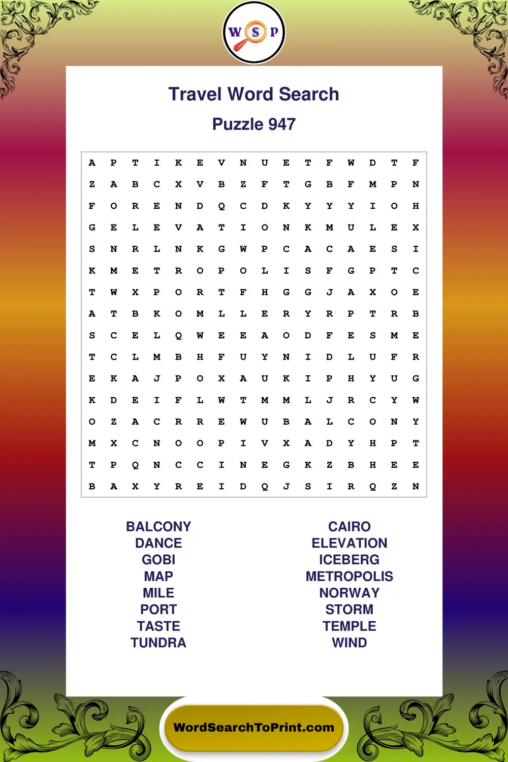 Travel Word Search Puzzle 947