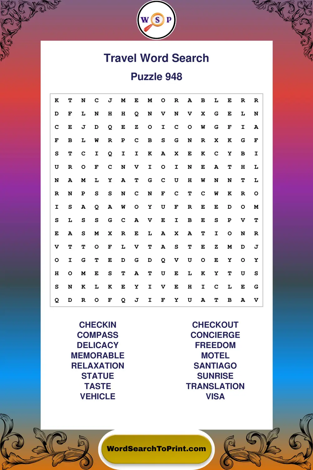 Travel Word Search Puzzle 948